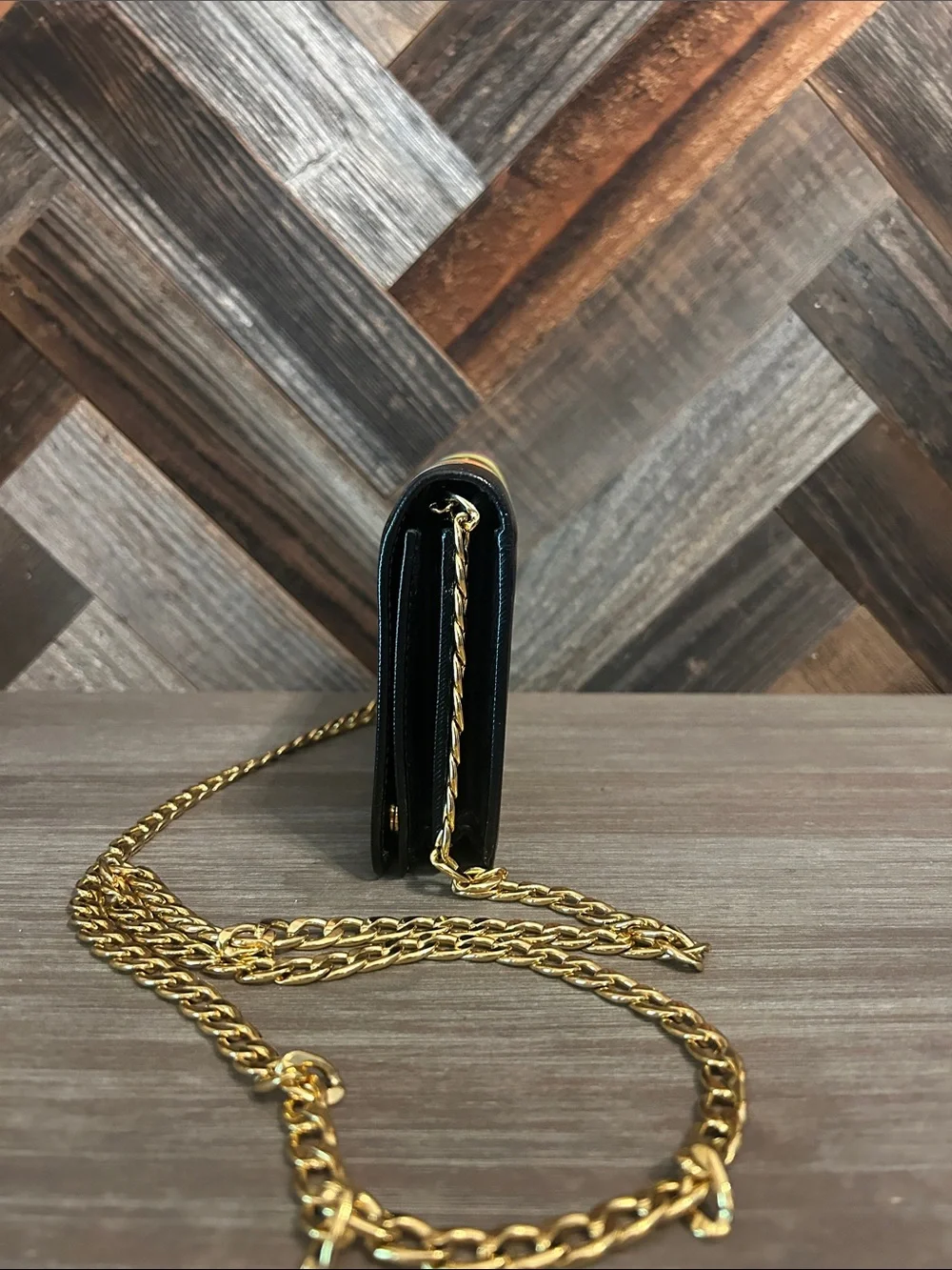 Prada Black Saffiano Printed Faces Leather Chain Clutch